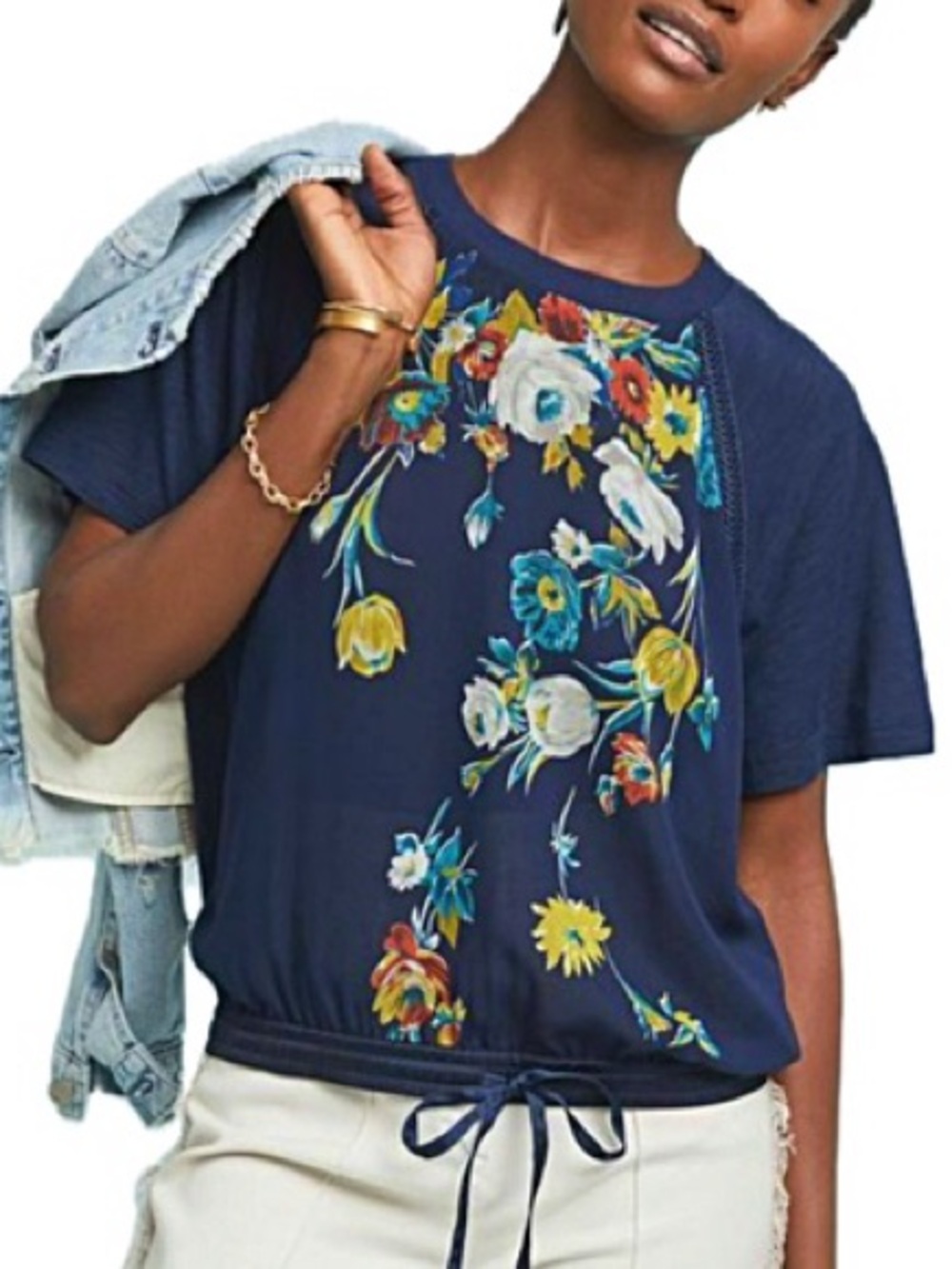 Anthropologie TINY Carley Floral Top Size XL Short Sleeve Chiffon Cropped Tee